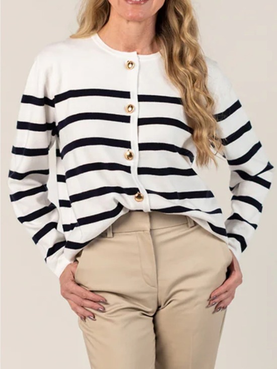 Smash + Tess Sweaters - Jilly Box Smash + Tess White Cardigan with Navy Stripes & Gold Buttons M/L